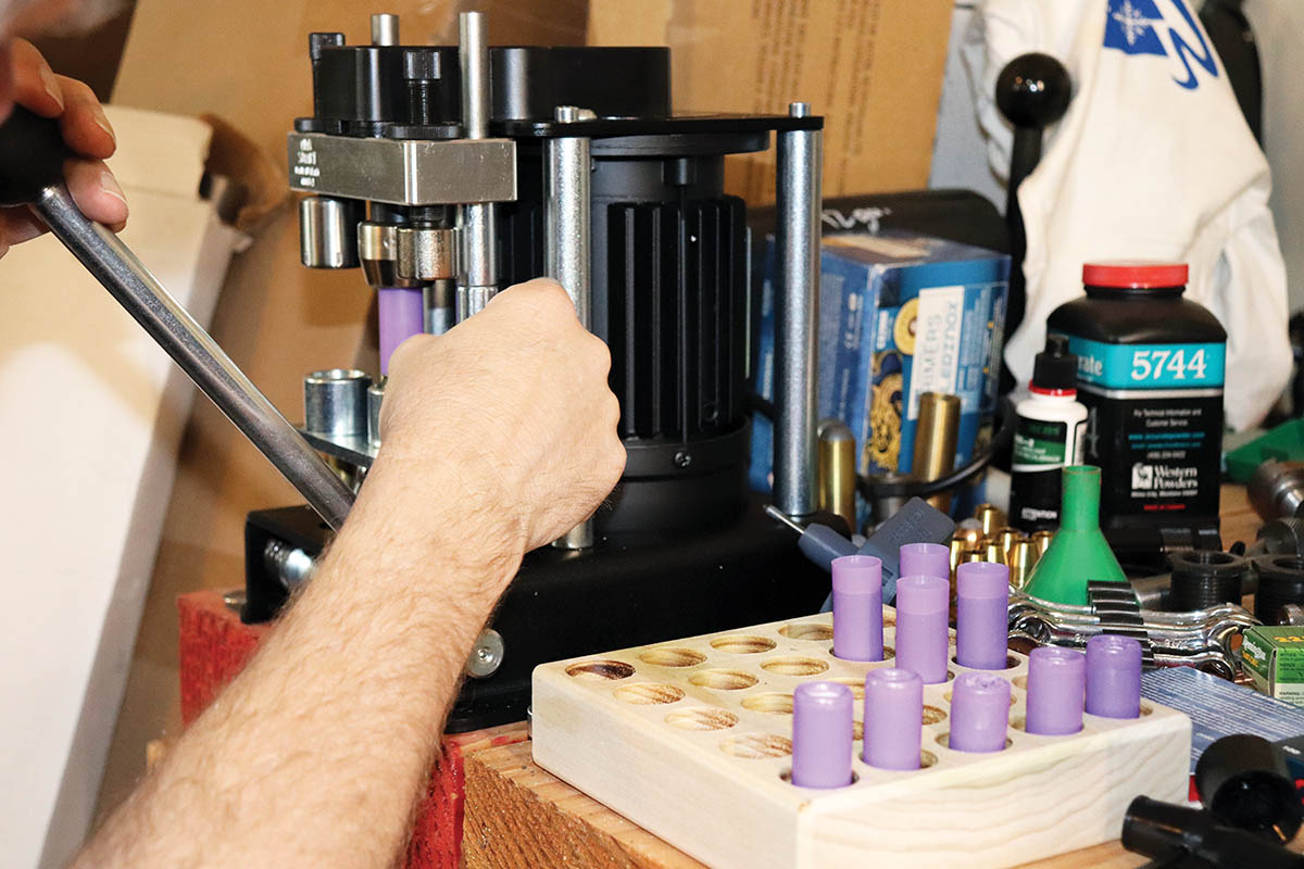 Burnishing the loads to finish off the crimp. Note the evidence of the learning curve in the loading block.